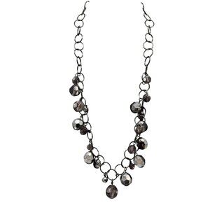 VTG Faceted Gray Smoky Crystal Chunky Beads Gunmetal Chain Long Neckline